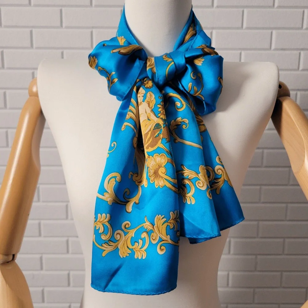 Vtg 90s Echo Silk Scarf Blue Gold Baroque Cherub Print Oblong 11X58 Maximalist